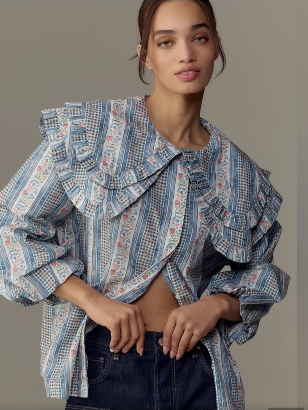 Damson Madder Lois Floral Stripe Ruffle Blouse wallpaper shirt top prairie - Picture 2 of 11